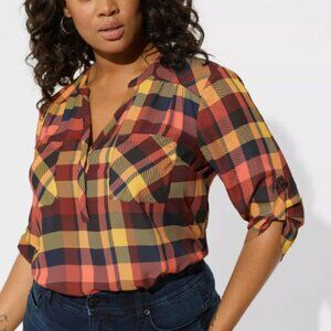 Torrid Harper Georgette 3/4 Sleeve Pullover Blouse, Multi Block Plaid Yellow